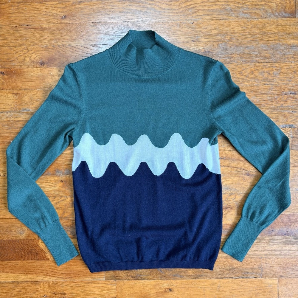 Marimekko x Uniqlo‎ Women Mock Neck Sweater Small Green Abstract Wool Colorblock